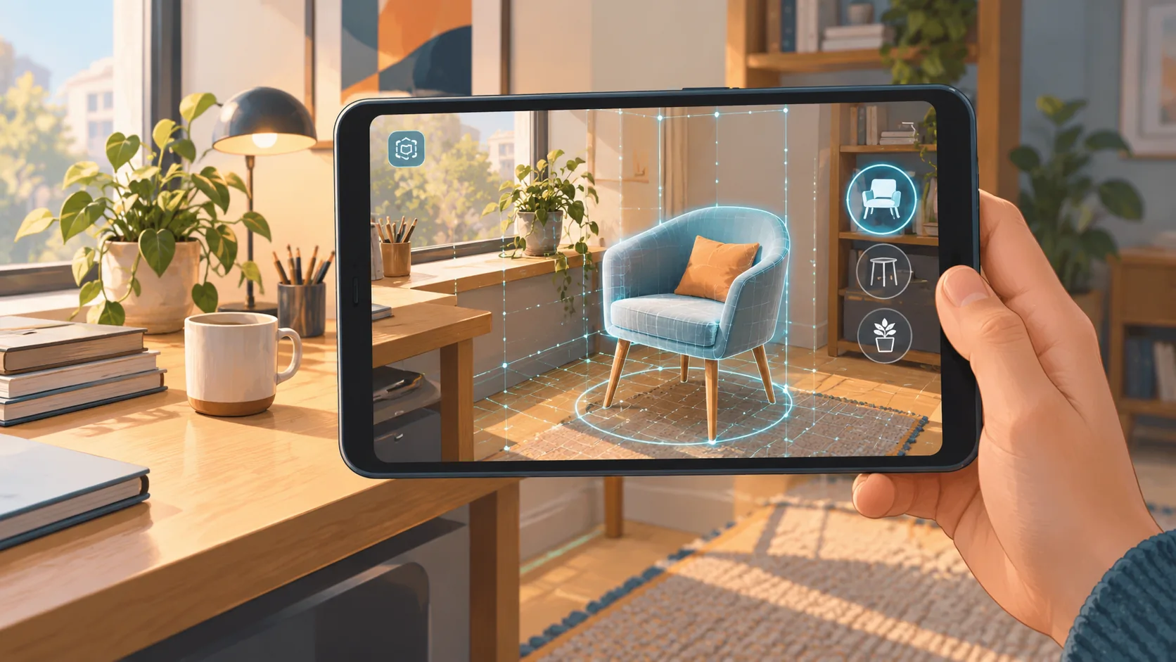 Una mano sujeta una tableta que enfoca una habitación; en la pantalla aparece un sillón virtual colocado sobre la alfombra, con la malla del suelo detectado y la retícula de colocación