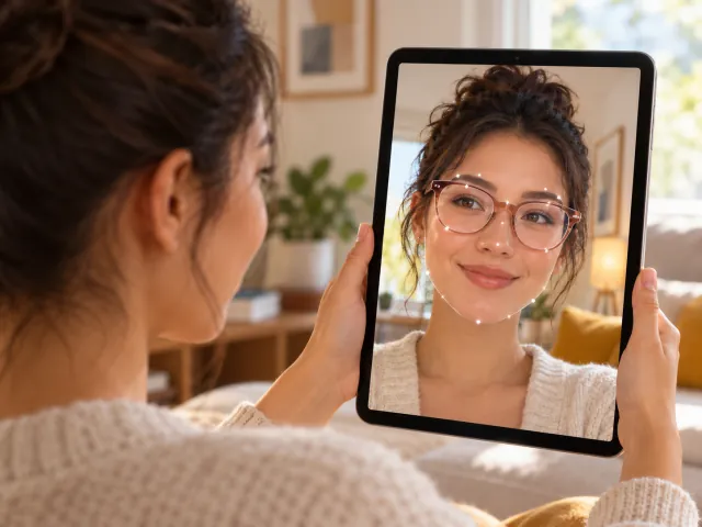 Una mujer se mira en una tableta; en la pantalla, puntos de seguimiento sobre su cara y unas gafas virtuales (abre la imagen a tamaño completo)