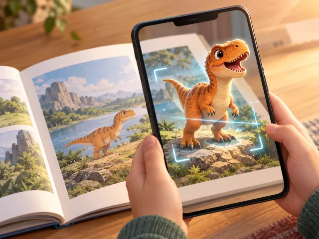 Unas manos sujetan un móvil sobre un libro ilustrado abierto; en la pantalla, el dinosaurio de la página sale en 3D (abre la imagen a tamaño completo)