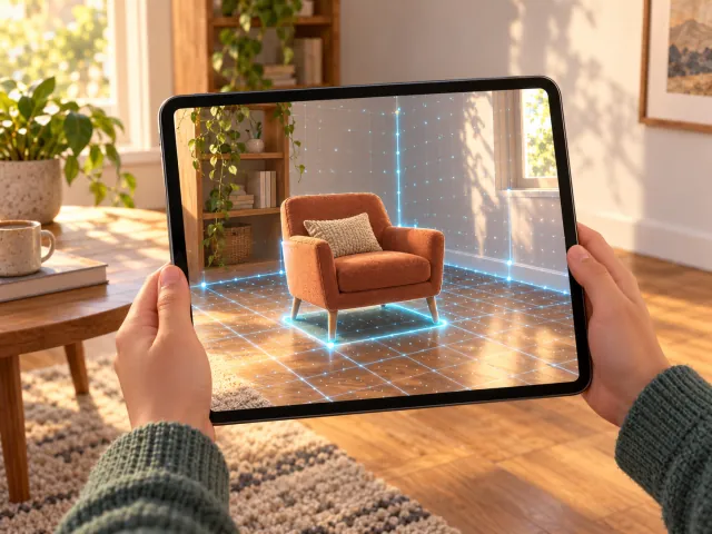 Una tableta enfoca un salón; en la pantalla, la malla del suelo y las paredes detectados y un sillón virtual colocado en el suelo (abre la imagen a tamaño completo)