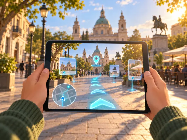 Una tableta enfoca una plaza con una catedral; en la pantalla, flechas de navegación en el suelo, un mapa y fichas de información sobre los monumentos (abre la imagen a tamaño completo)