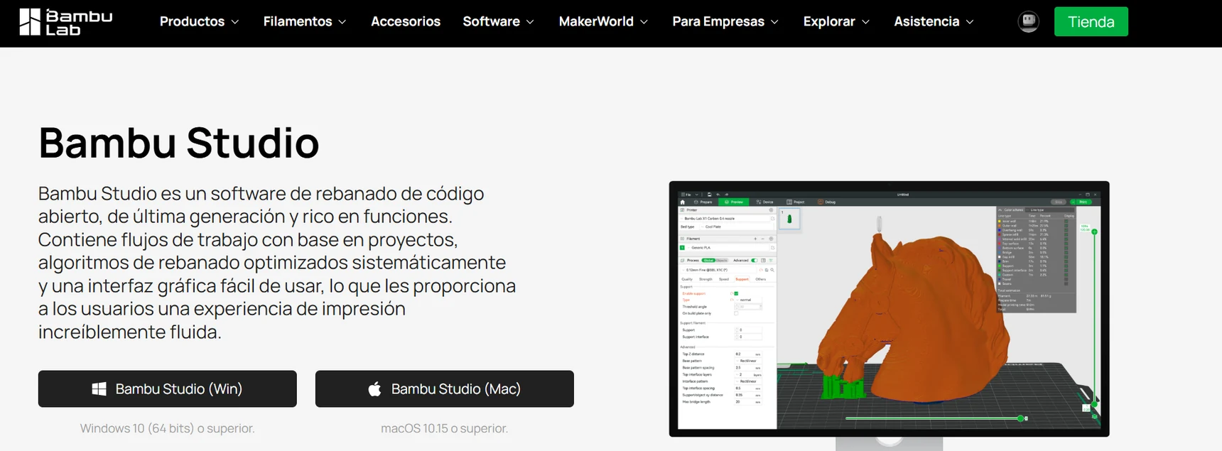 Abrir la web de Bambu Studio: página de descarga con el programa laminando un modelo