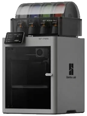 Impresora 3D de filamento Bambu Lab P2S con el sistema de bobinas AMS encima