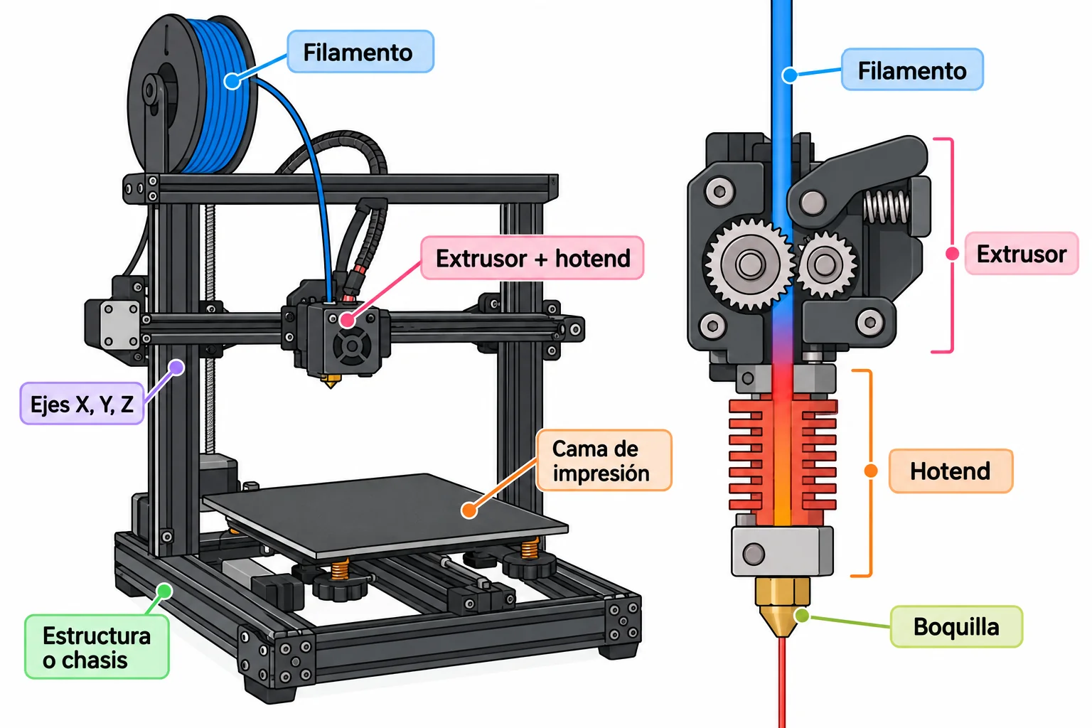 Esquema de una impresora 3D de filamento con sus partes señaladas: filamento, extrusor y hotend, ejes X, Y y Z, cama de impresión, estructura o chasis; y detalle del cabezal con filamento, extrusor, hotend y boquilla