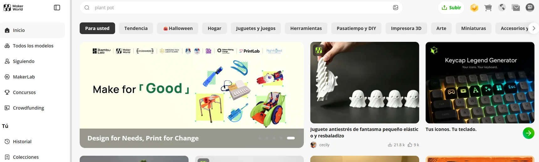 Abrir MakerWorld: página de inicio con el buscador, las categorías y modelos destacados